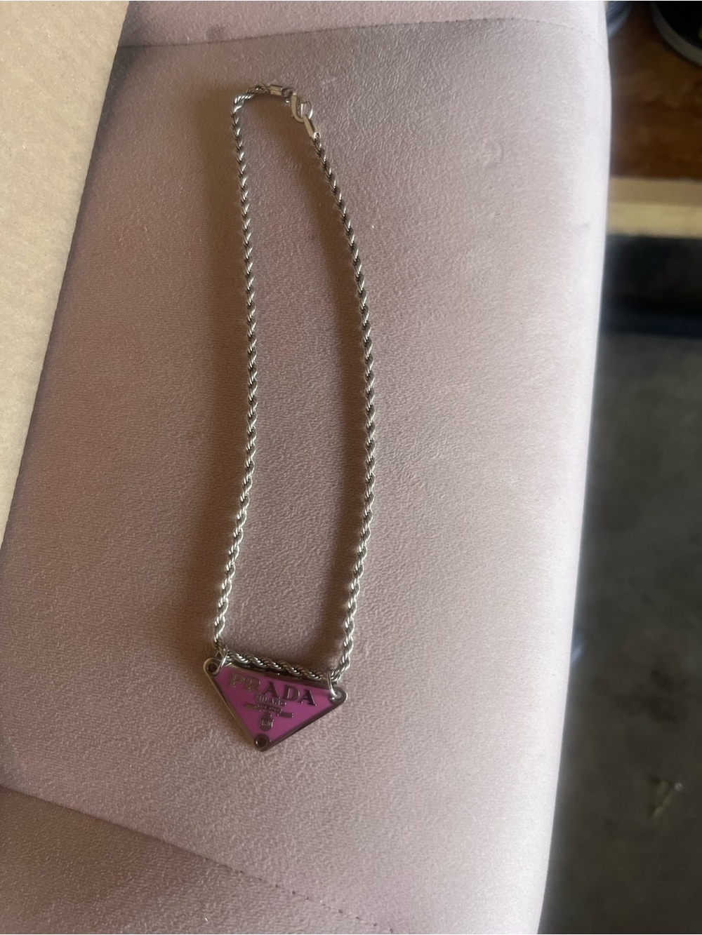 Prada Silver Chain Necklace with Pink Triangle Logo